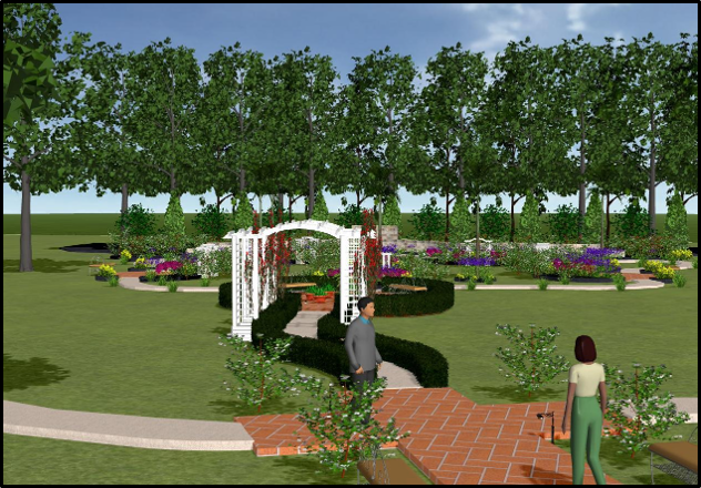 Proposed garden with arbors, planting beds, and terracotta paths